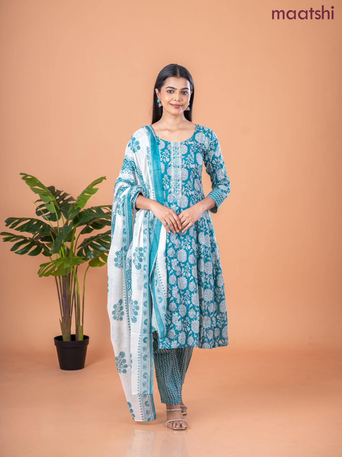Anarkali salwar suit peacock green and off white with allover prints & embroidery sequin work neck pattern and straight cut pant & dupatta