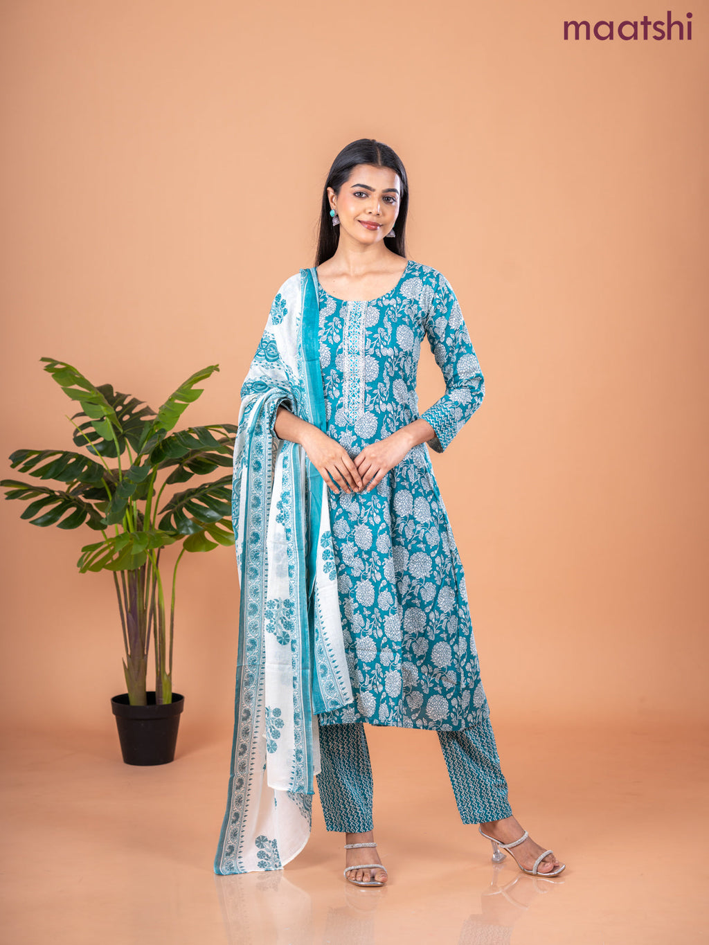 Anarkali salwar suit peacock green and off white with allover prints & embroidery sequin work neck pattern and straight cut pant & dupatta
