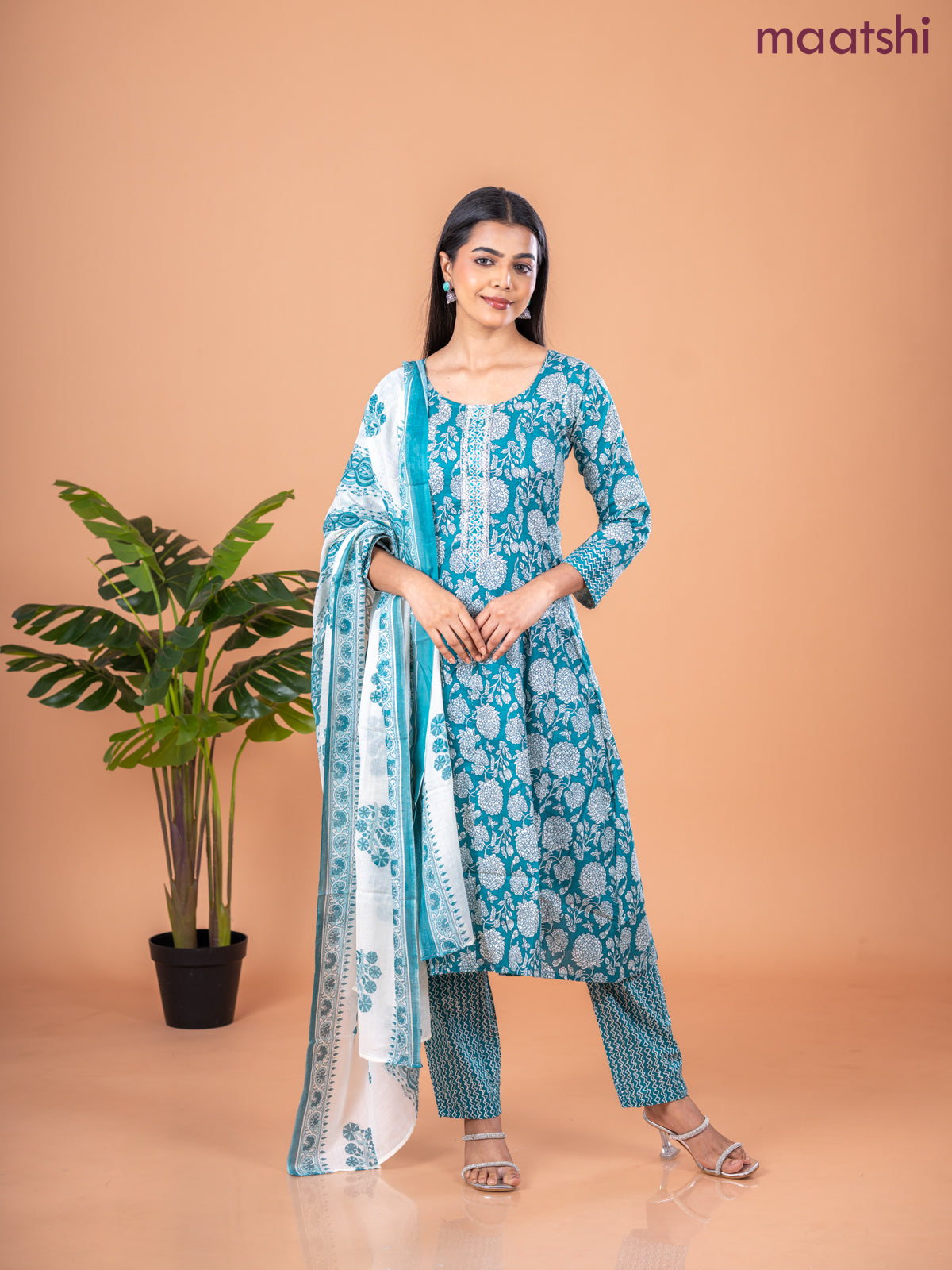 Anarkali salwar suit peacock green and off white with allover prints & embroidery sequin work neck pattern and straight cut pant & dupatta
