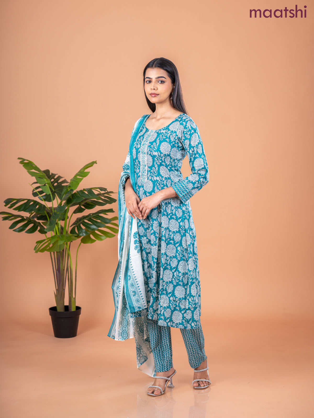 Anarkali salwar suit peacock green and off white with allover prints & embroidery sequin work neck pattern and straight cut pant & dupatta