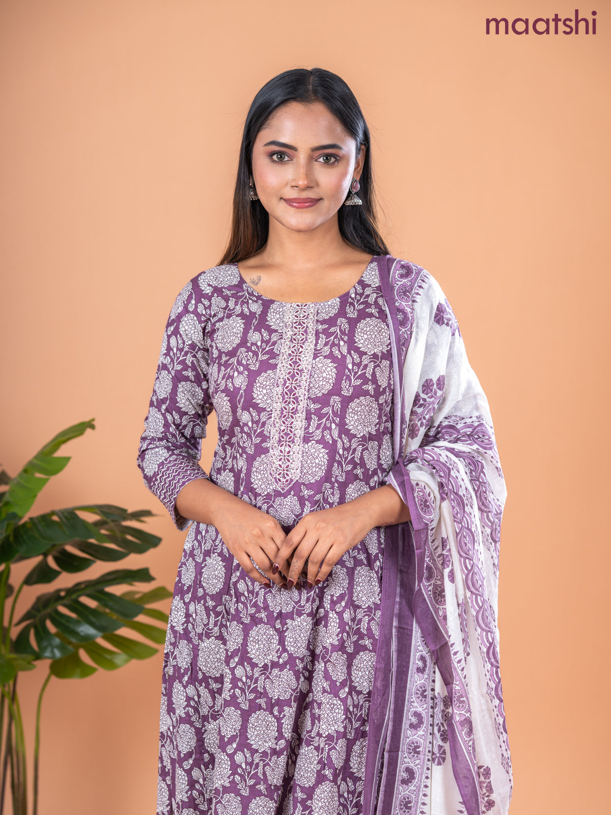 Anarkali salwar suit mauve pink and off white with allover prints & embroidery sequin work neck pattern and straight cut pant & dupatta