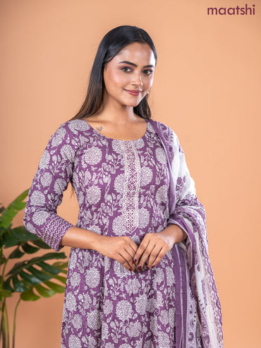 Anarkali salwar suit mauve pink and off white with allover prints & embroidery sequin work neck pattern and straight cut pant & dupatta