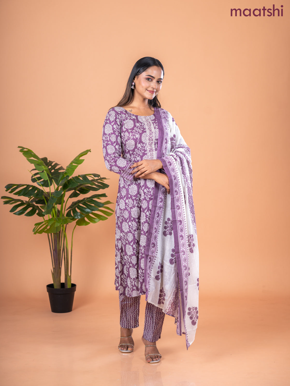 Anarkali salwar suit mauve pink and off white with allover prints & embroidery sequin work neck pattern and straight cut pant & dupatta