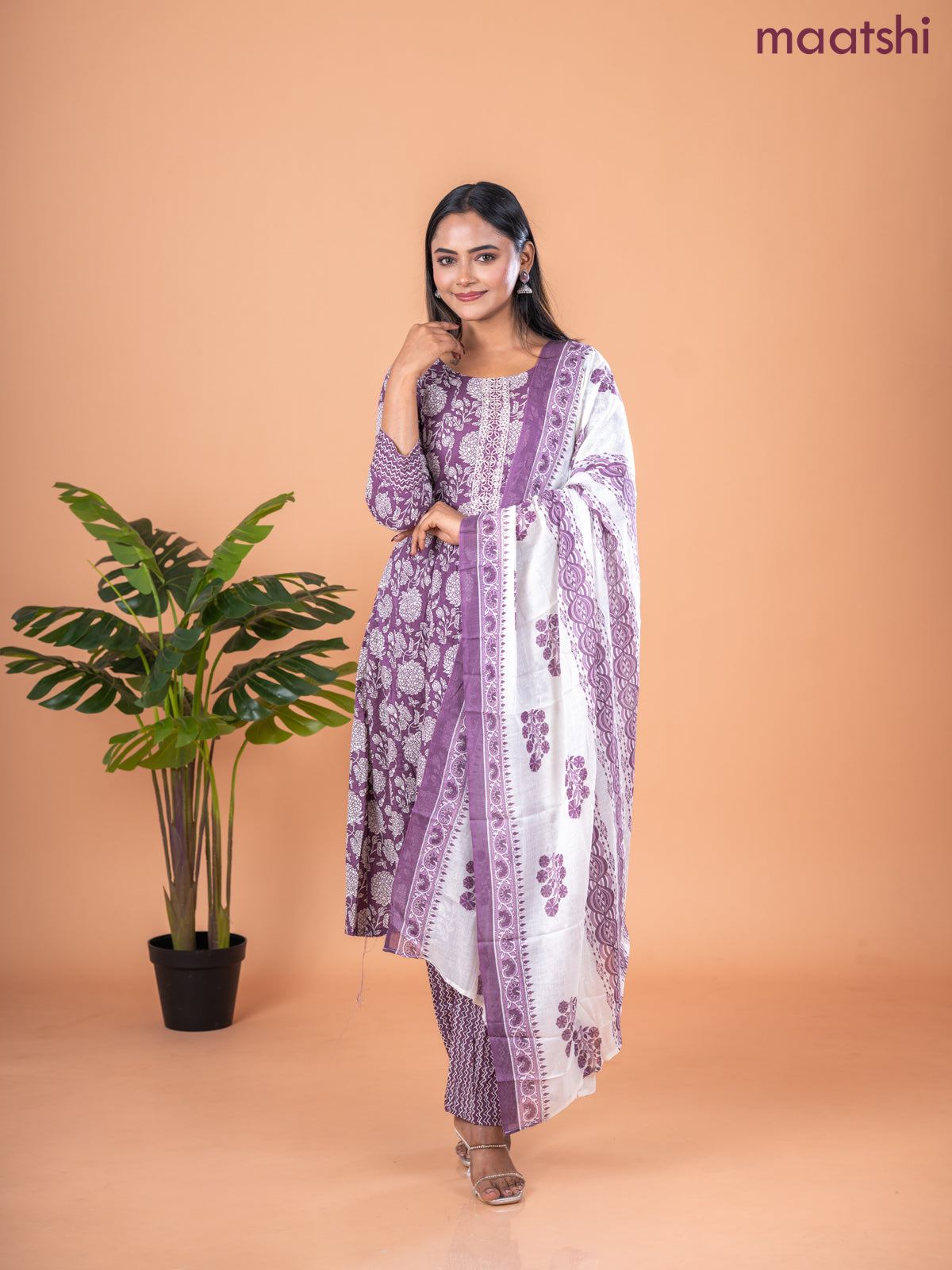 Anarkali salwar suit mauve pink and off white with allover prints & embroidery sequin work neck pattern and straight cut pant & dupatta
