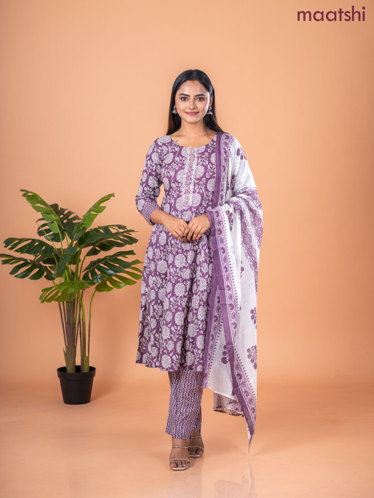 Anarkali salwar suit mauve pink and off white with allover prints & embroidery sequin work neck pattern and straight cut pant & dupatta