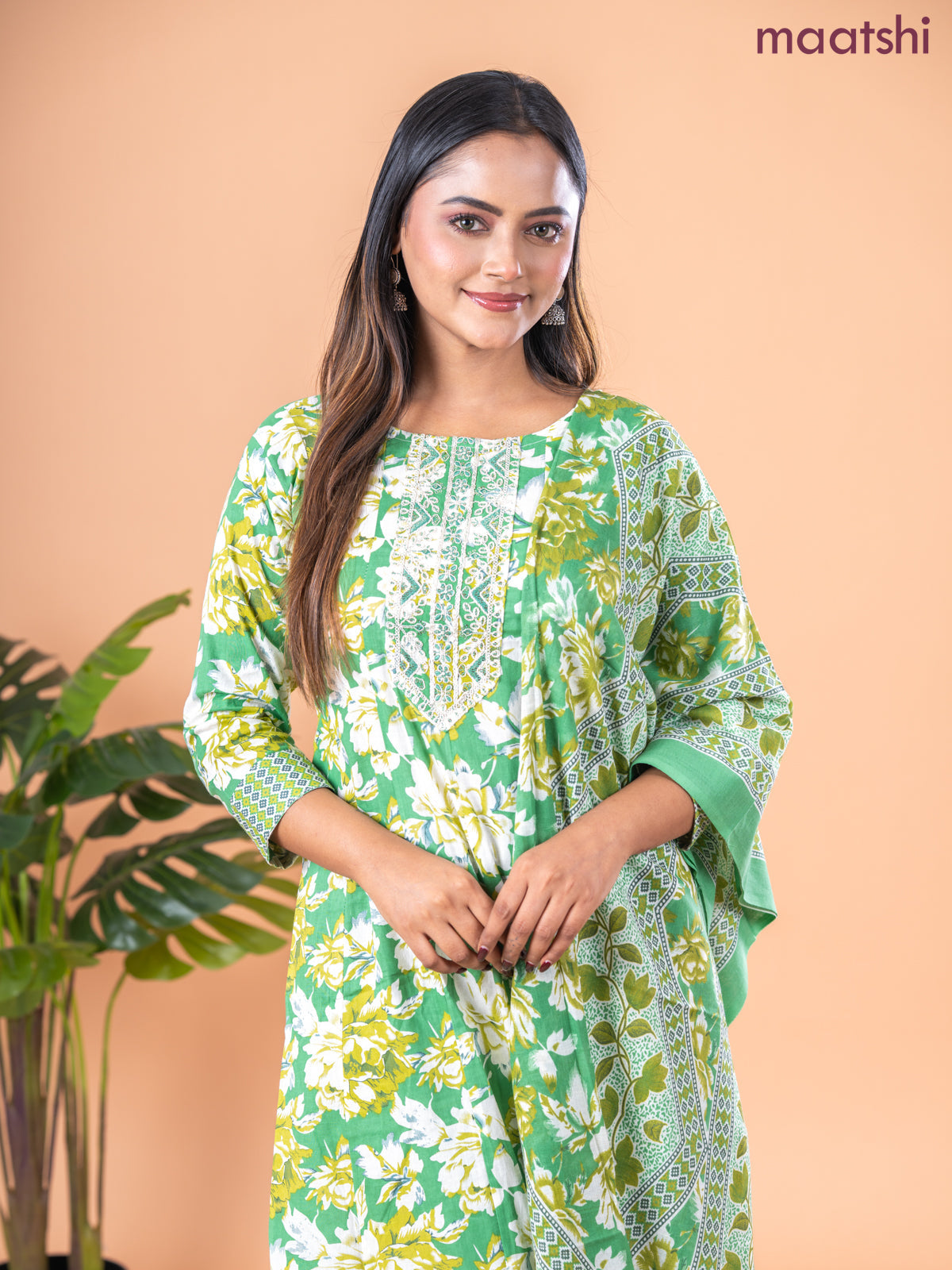 Anarkali salwar suit green and cream with allover floral prints & embroidery sequin work neck pattern and straight cut pant & dupatta