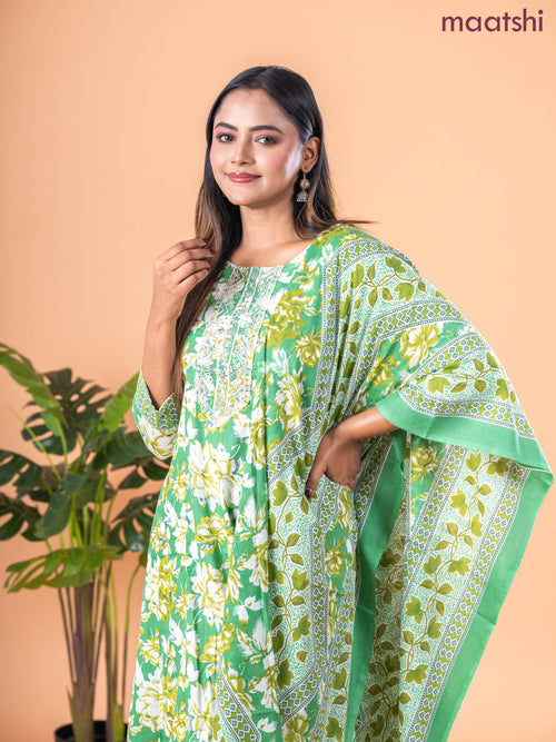 Anarkali salwar suit green and cream with allover floral prints & embroidery sequin work neck pattern and straight cut pant & dupatta