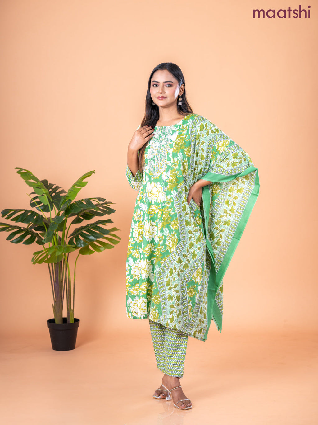 Anarkali salwar suit green and cream with allover floral prints & embroidery sequin work neck pattern and straight cut pant & dupatta
