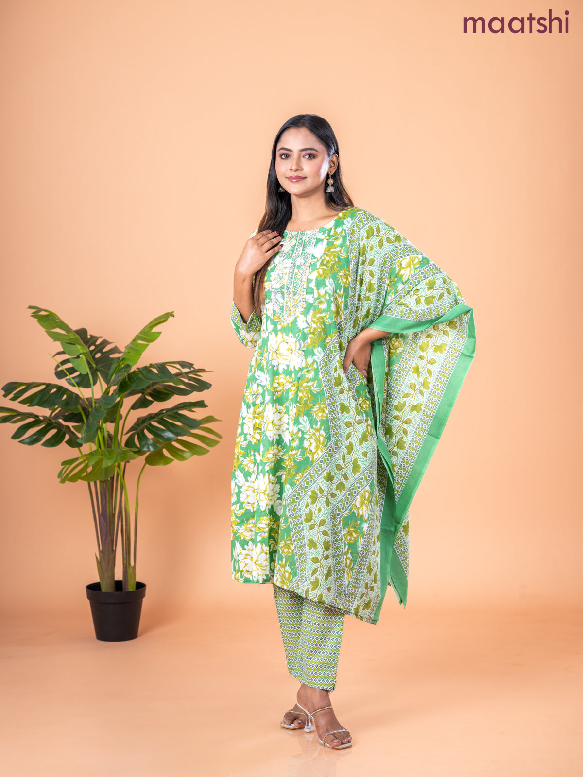Anarkali salwar suit green and cream with allover floral prints & embroidery sequin work neck pattern and straight cut pant & dupatta