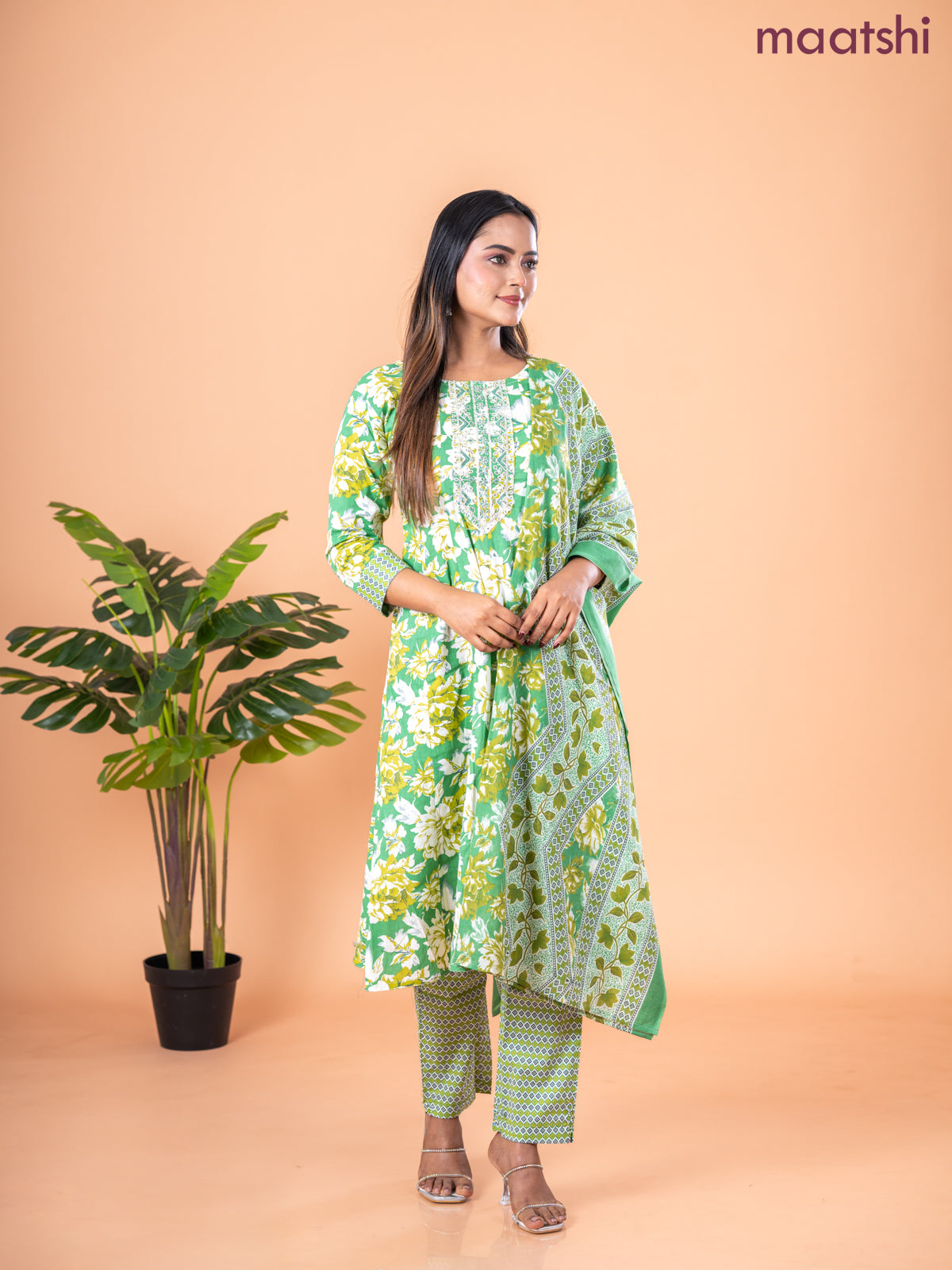 Anarkali salwar suit green and cream with allover floral prints & embroidery sequin work neck pattern and straight cut pant & dupatta