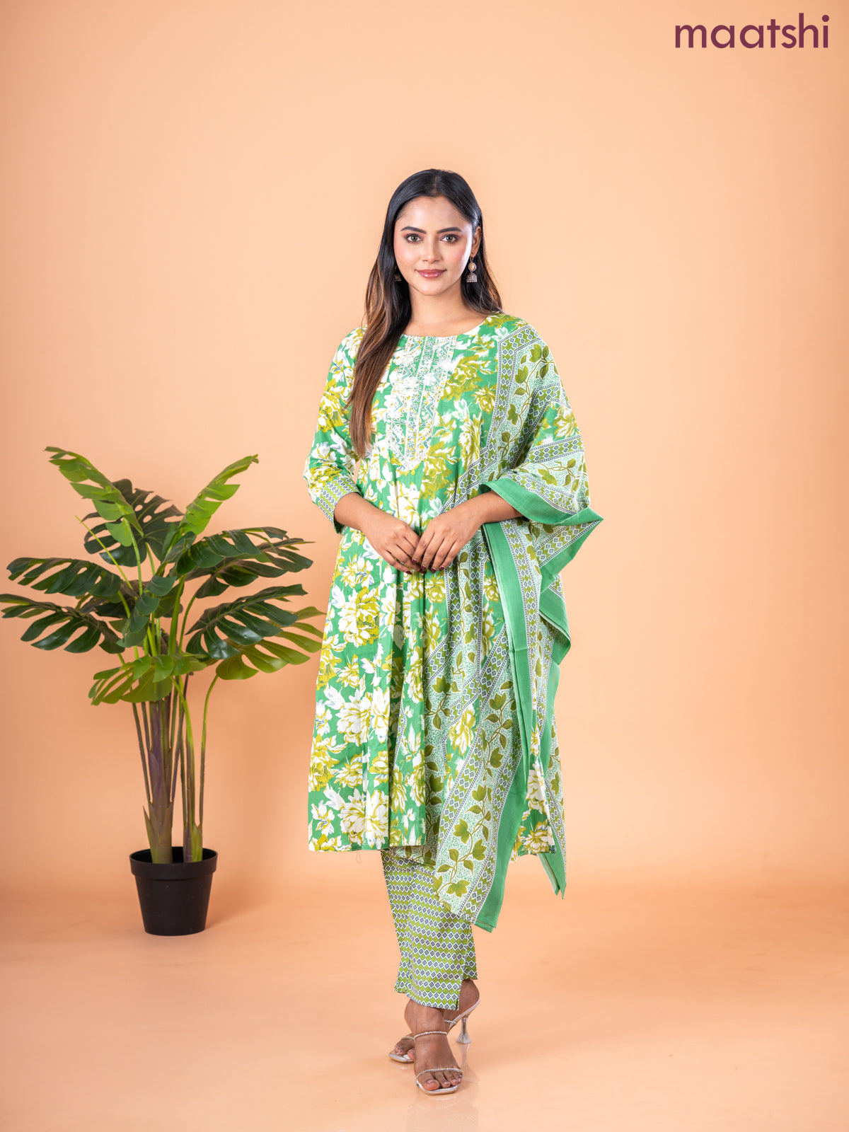 Anarkali salwar suit green and cream with allover floral prints & embroidery sequin work neck pattern and straight cut pant & dupatta