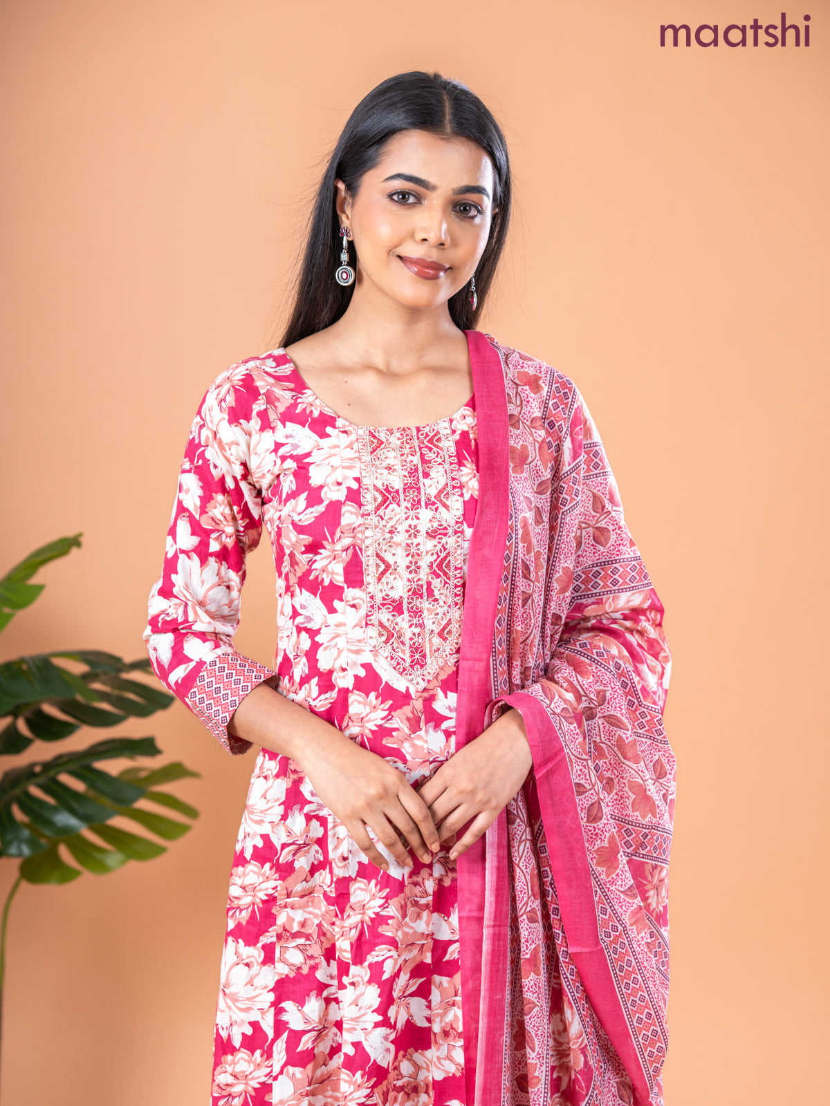 Anarkali salwar suit peach pink and cream with allover floral prints & embroidery sequin work neck pattern and straight cut pant & dupatta