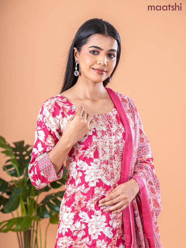 Anarkali salwar suit peach pink and cream with allover floral prints & embroidery sequin work neck pattern and straight cut pant & dupatta