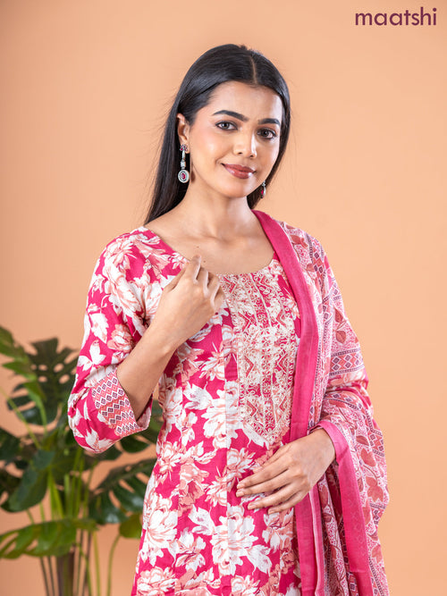 Anarkali salwar suit peach pink and cream with allover floral prints & embroidery sequin work neck pattern and straight cut pant & dupatta