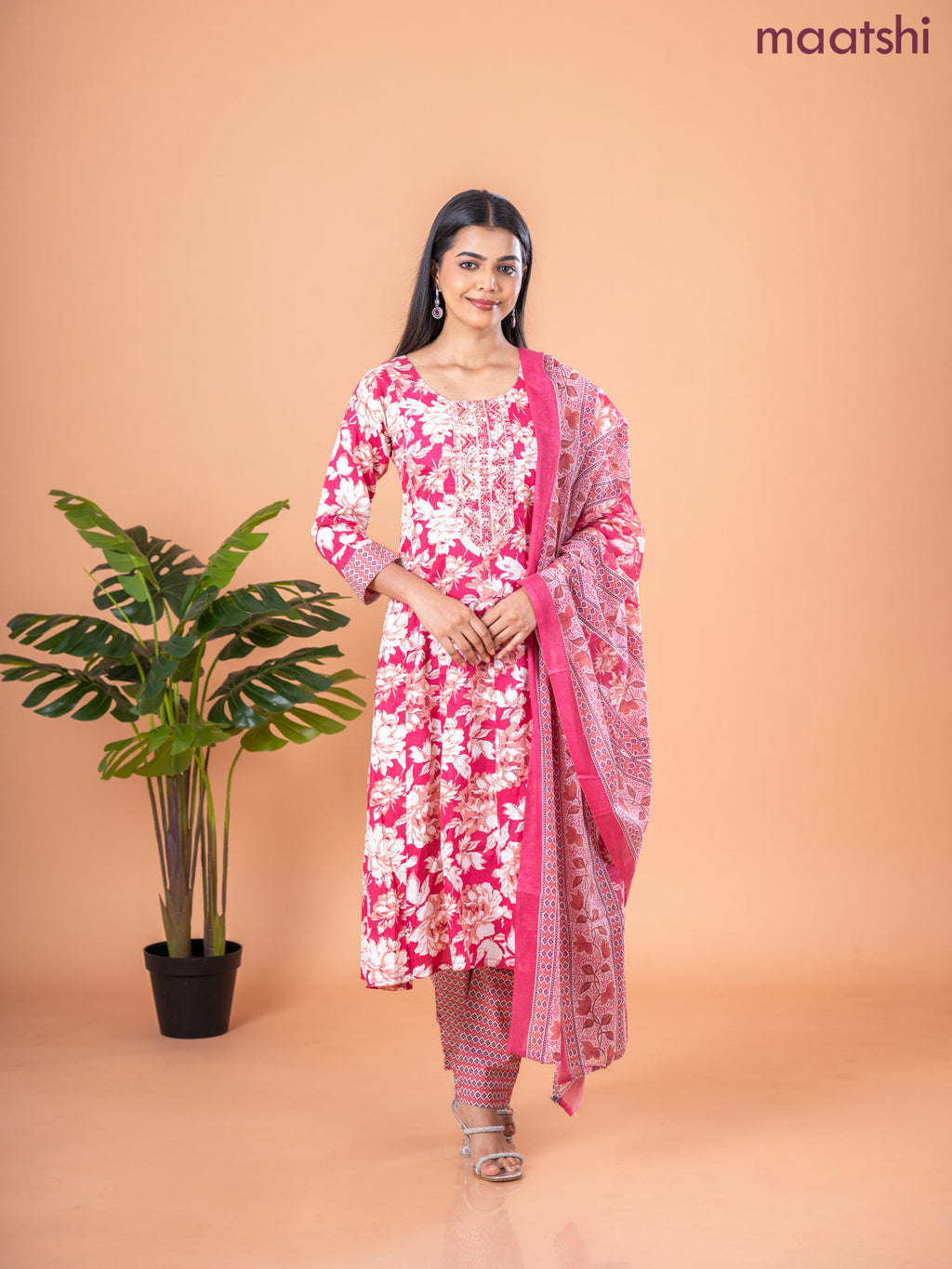 Anarkali salwar suit peach pink and cream with allover floral prints & embroidery sequin work neck pattern and straight cut pant & dupatta