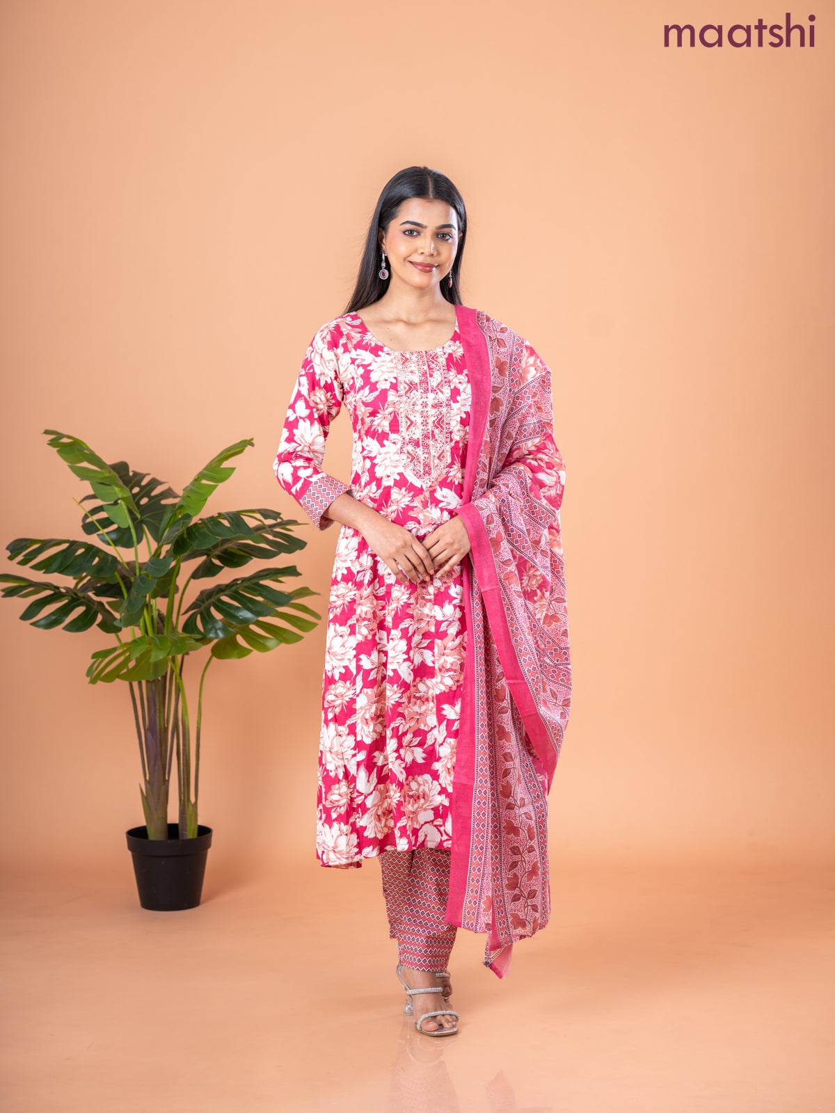 Anarkali salwar suit peach pink and cream with allover floral prints & embroidery sequin work neck pattern and straight cut pant & dupatta