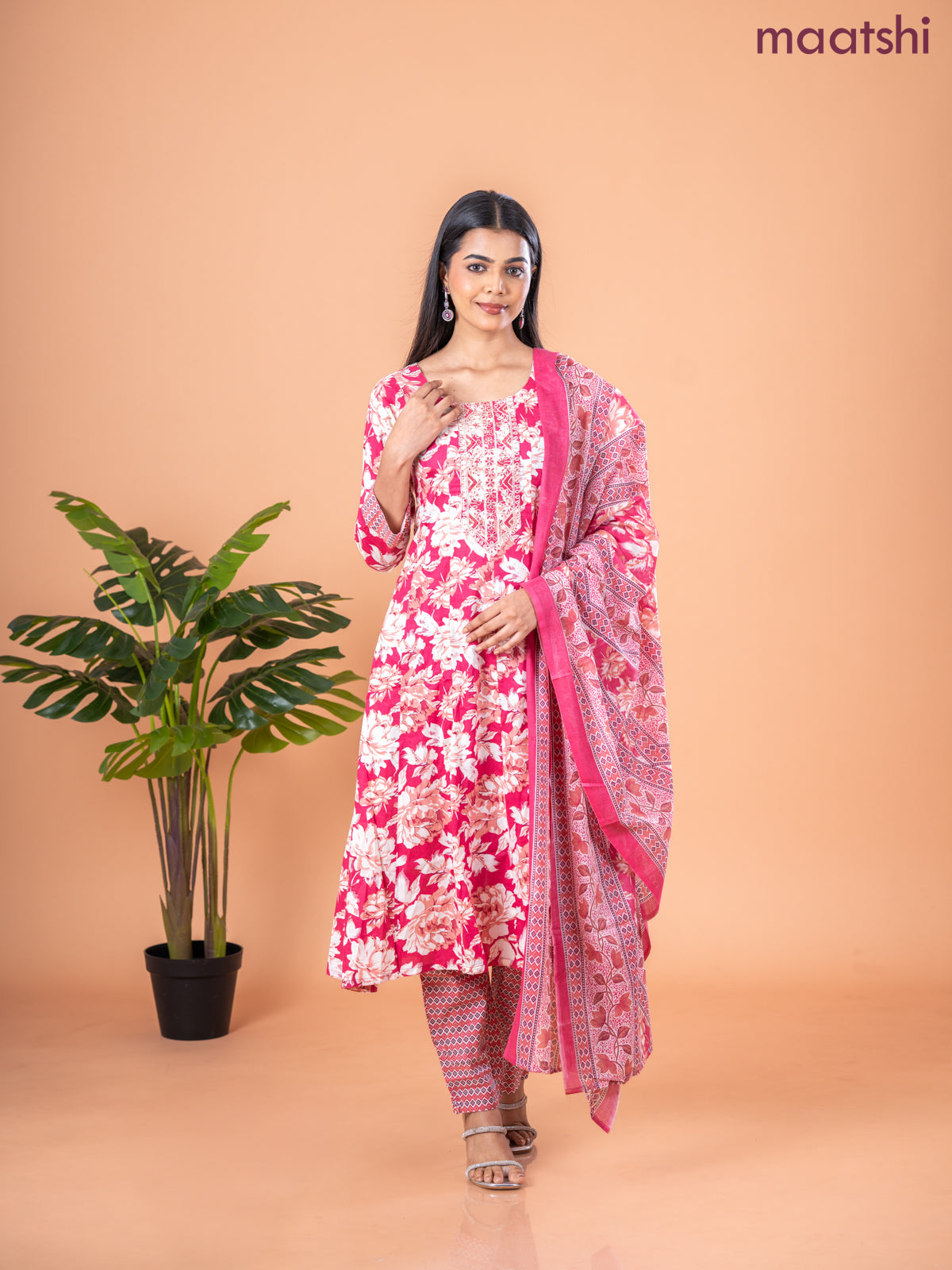 Anarkali salwar suit peach pink and cream with allover floral prints & embroidery sequin work neck pattern and straight cut pant & dupatta