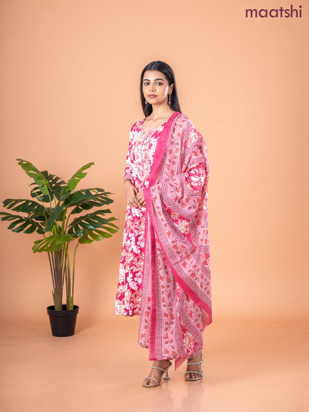 Anarkali salwar suit peach pink and cream with allover floral prints & embroidery sequin work neck pattern and straight cut pant & dupatta
