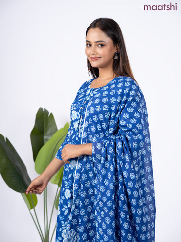 Semi cotton salwar suit blue with allover floral prints & simple neck pattern and straight cut pant & dupatta