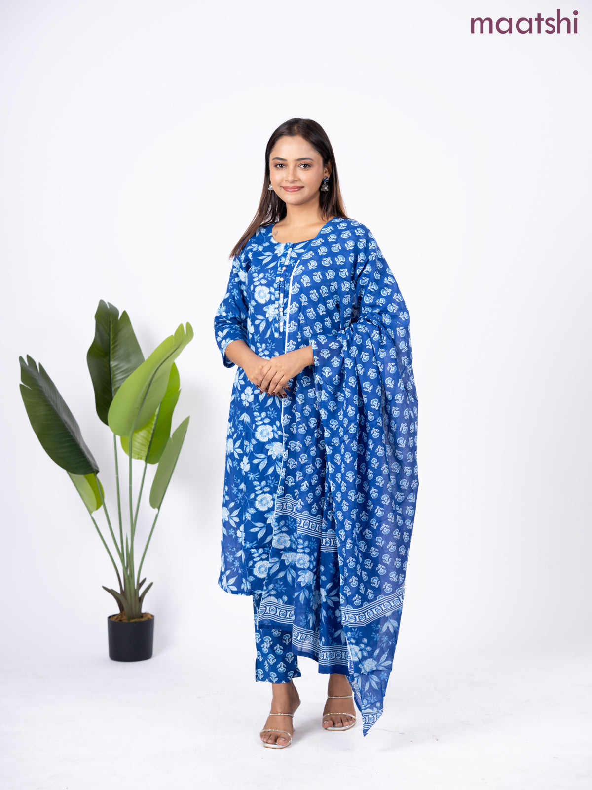 Semi cotton salwar suit blue with allover floral prints & simple neck pattern and straight cut pant & dupatta
