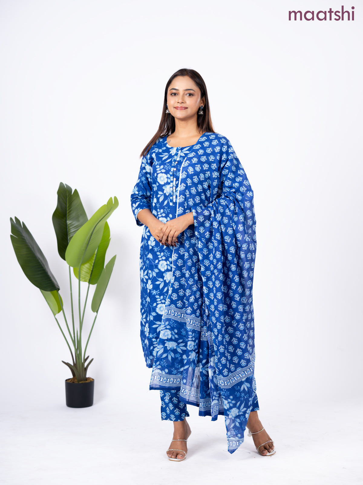 Semi cotton salwar suit blue with allover floral prints & simple neck pattern and straight cut pant & dupatta