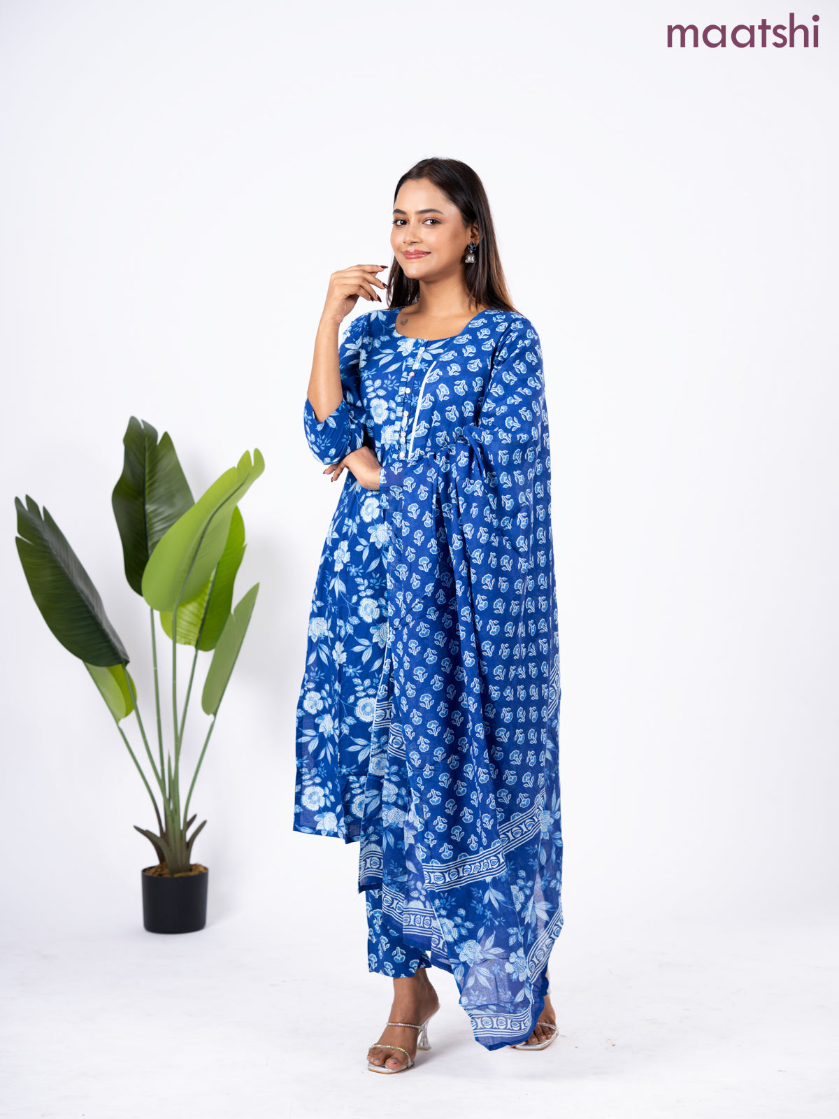 Semi cotton salwar suit blue with allover floral prints & simple neck pattern and straight cut pant & dupatta