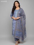 Cotton salwar suit bluish grey with allover prints & embroidery work neck pattern and straight cut pant & dupatta