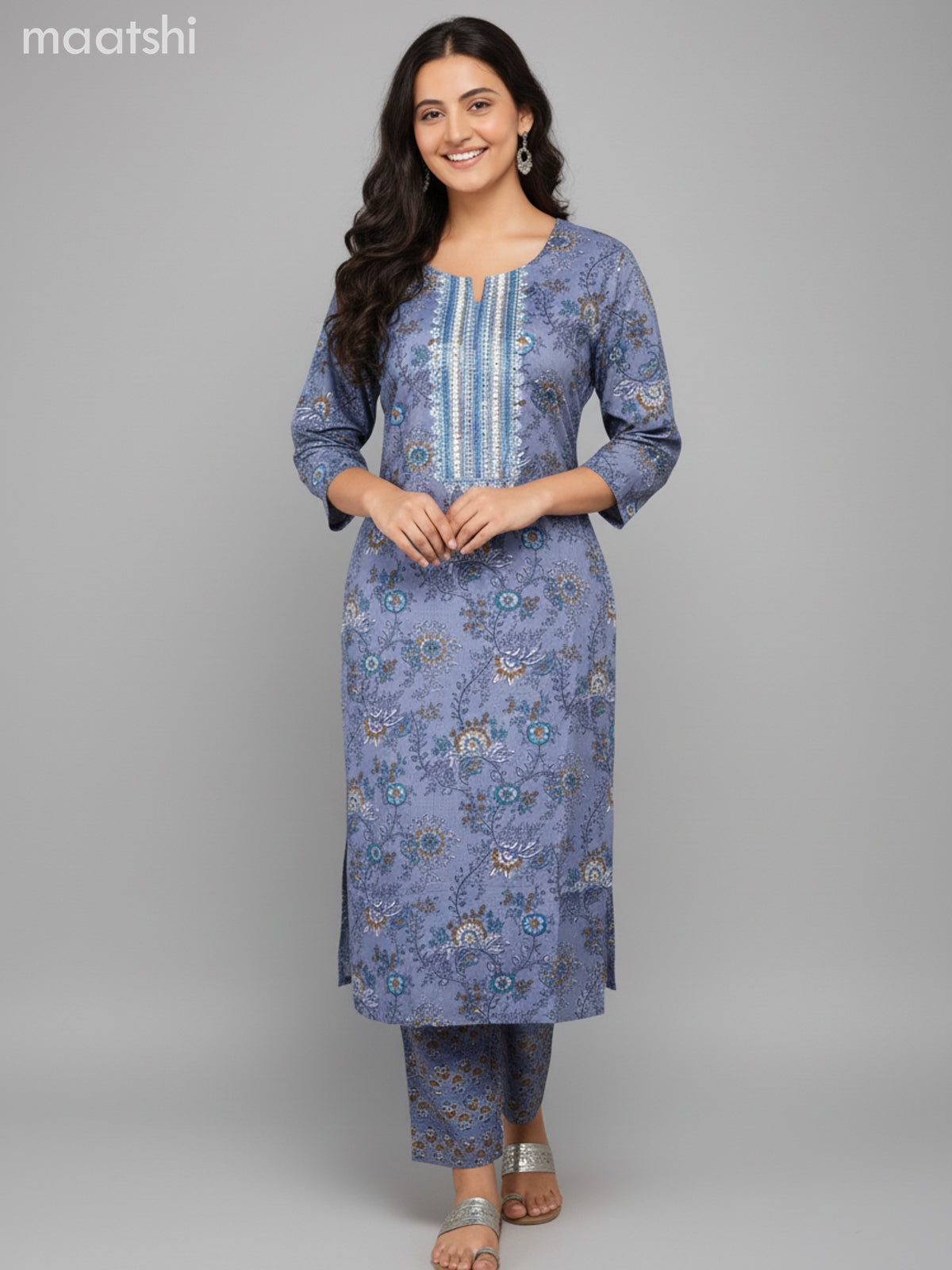 Cotton salwar suit bluish grey with allover prints & embroidery work neck pattern and straight cut pant & dupatta