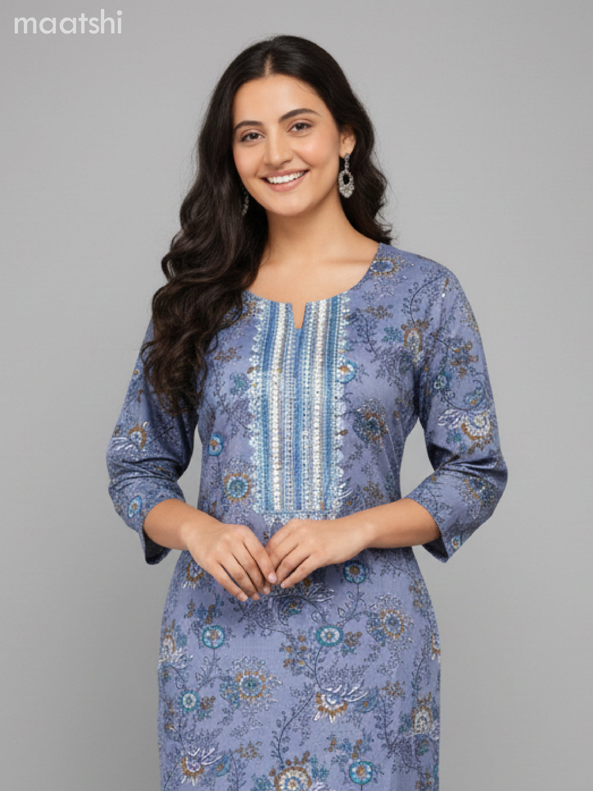 Cotton salwar suit bluish grey with allover prints & embroidery work neck pattern and straight cut pant & dupatta