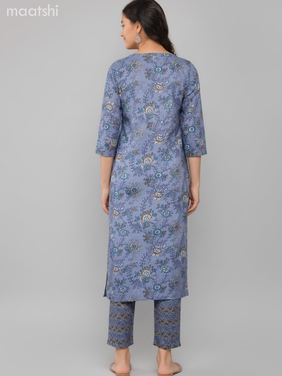 Cotton salwar suit bluish grey with allover prints & embroidery work neck pattern and straight cut pant & dupatta