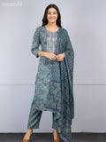 Cotton salwar suit teal green shade with allover prints & embroidery work neck pattern and straight cut pant & dupatta