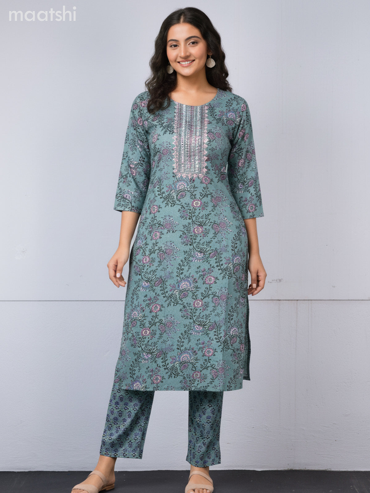 Cotton salwar suit teal green shade with allover prints & embroidery work neck pattern and straight cut pant & dupatta