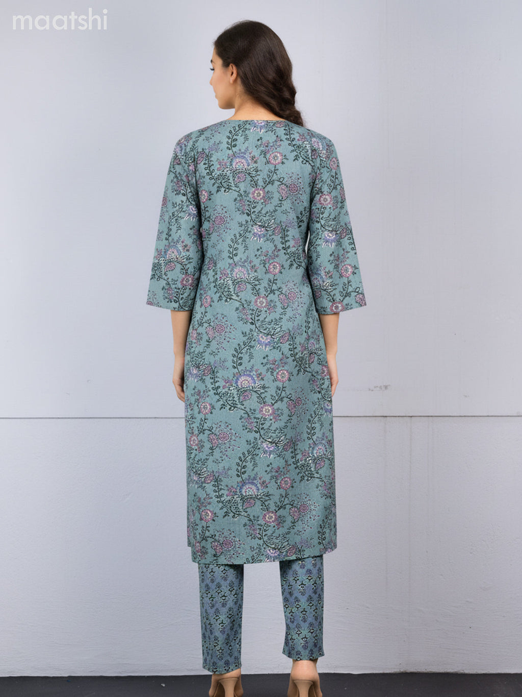 Cotton salwar suit teal green shade with allover prints & embroidery work neck pattern and straight cut pant & dupatta