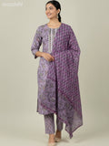 Cotton salwar suit pastel purple shade with allover prints & embroidery work neck pattern and straight cut pant & dupatta