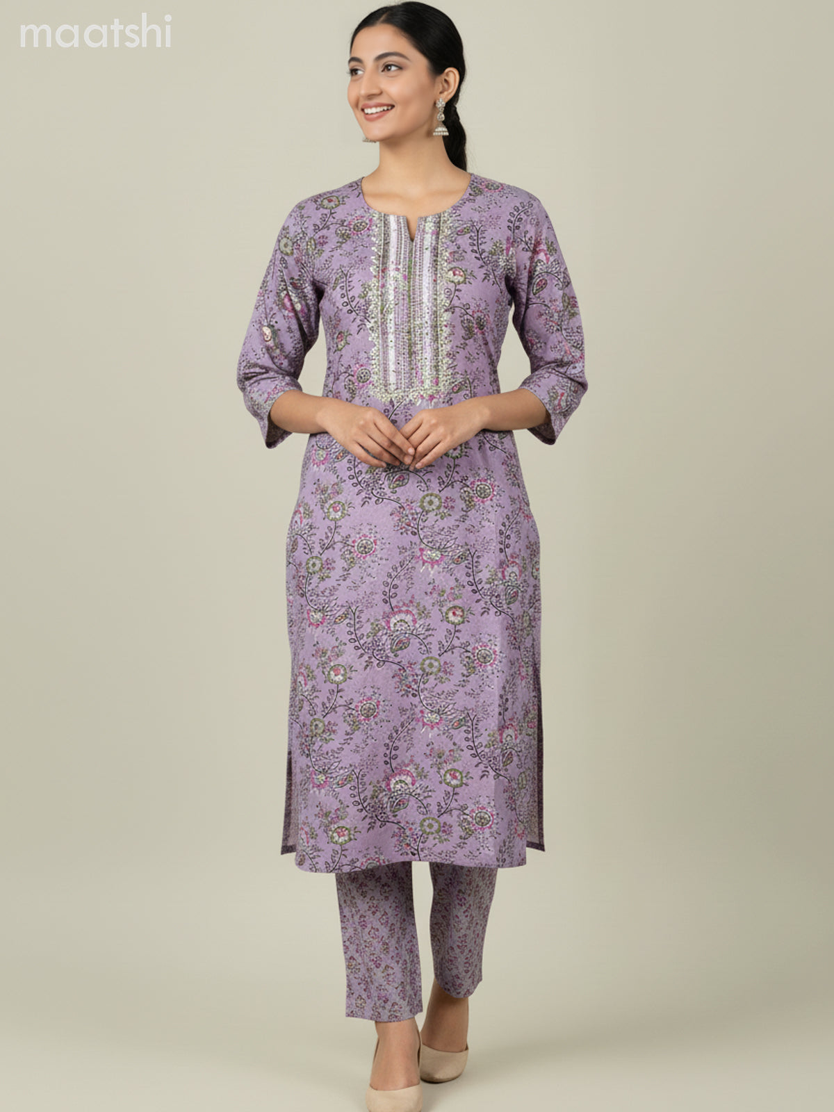 Cotton salwar suit pastel purple shade with allover prints & embroidery work neck pattern and straight cut pant & dupatta