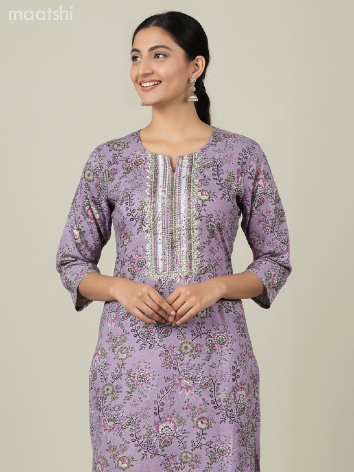 Cotton salwar suit pastel purple shade with allover prints & embroidery work neck pattern and straight cut pant & dupatta