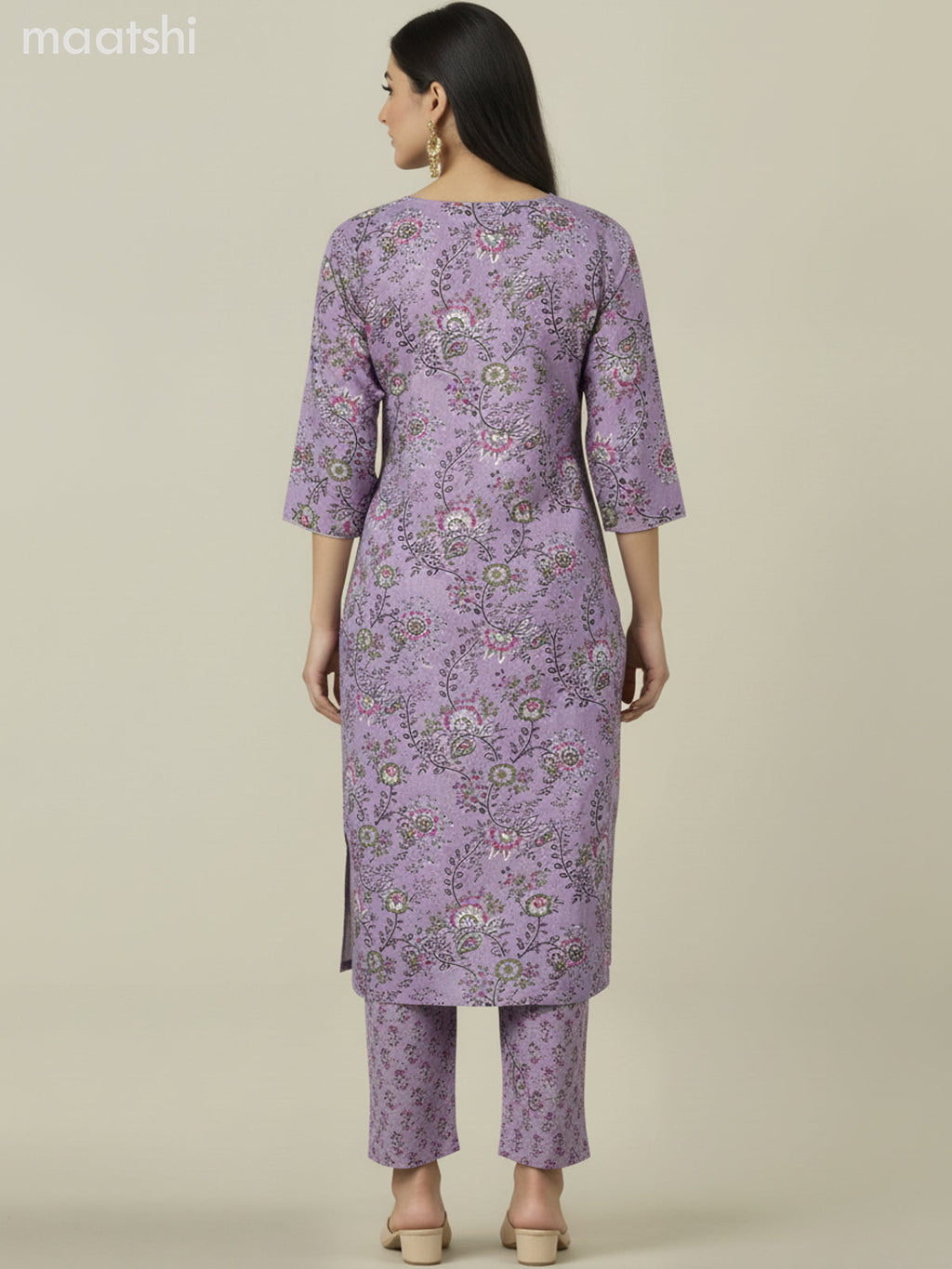Cotton salwar suit pastel purple shade with allover prints & embroidery work neck pattern and straight cut pant & dupatta