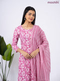 Semi cotton salwar suit mauve pink and off white with allover floral prints & simple neck pattern and straight cut pant & dupatta