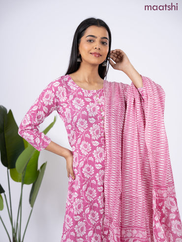 Semi cotton salwar suit mauve pink and off white with allover floral prints & simple neck pattern and straight cut pant & dupatta