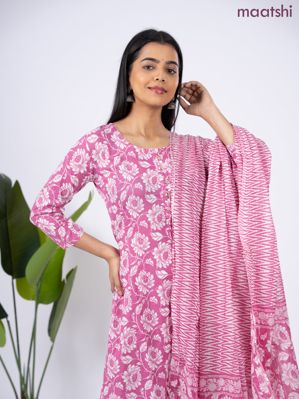 Semi cotton salwar suit mauve pink and off white with allover floral prints & simple neck pattern and straight cut pant & dupatta