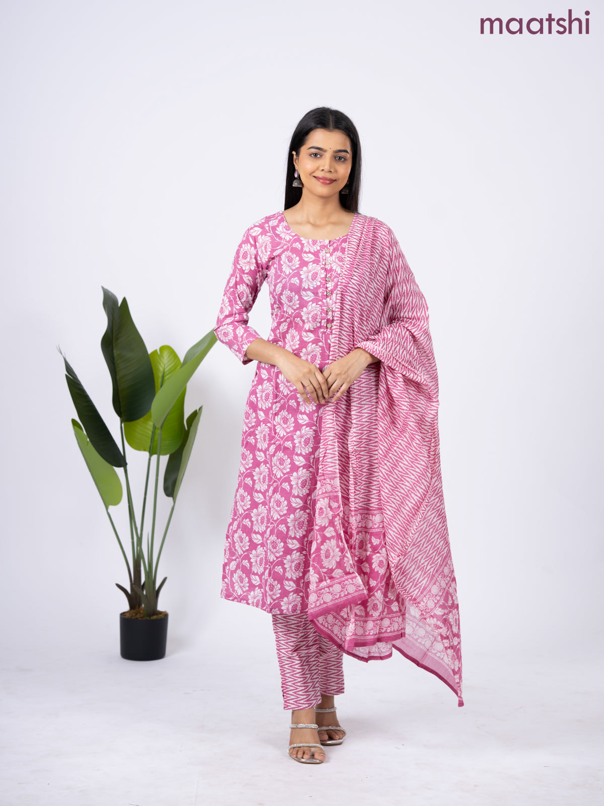 Semi cotton salwar suit mauve pink and off white with allover floral prints & simple neck pattern and straight cut pant & dupatta
