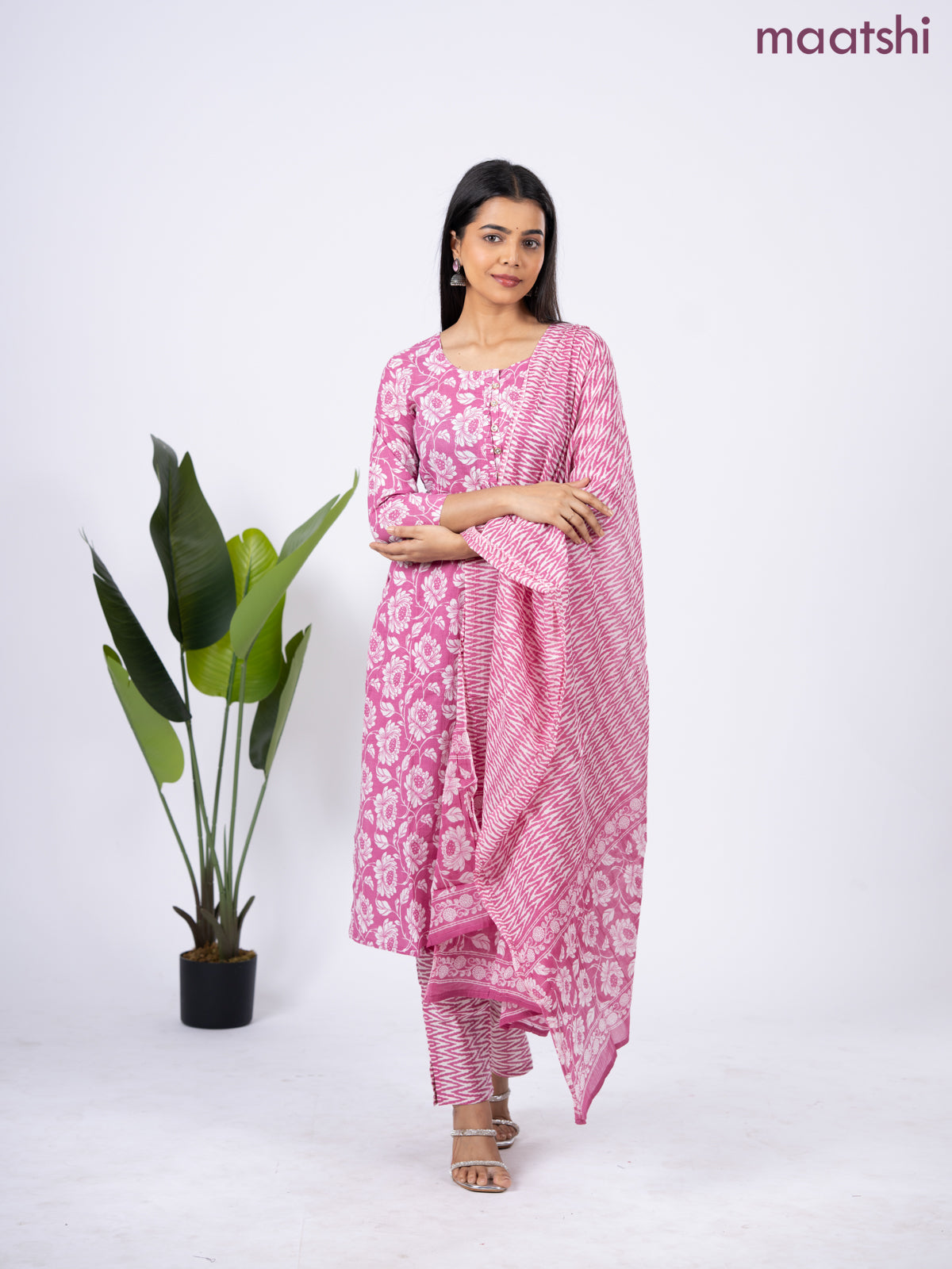 Semi cotton salwar suit mauve pink and off white with allover floral prints & simple neck pattern and straight cut pant & dupatta