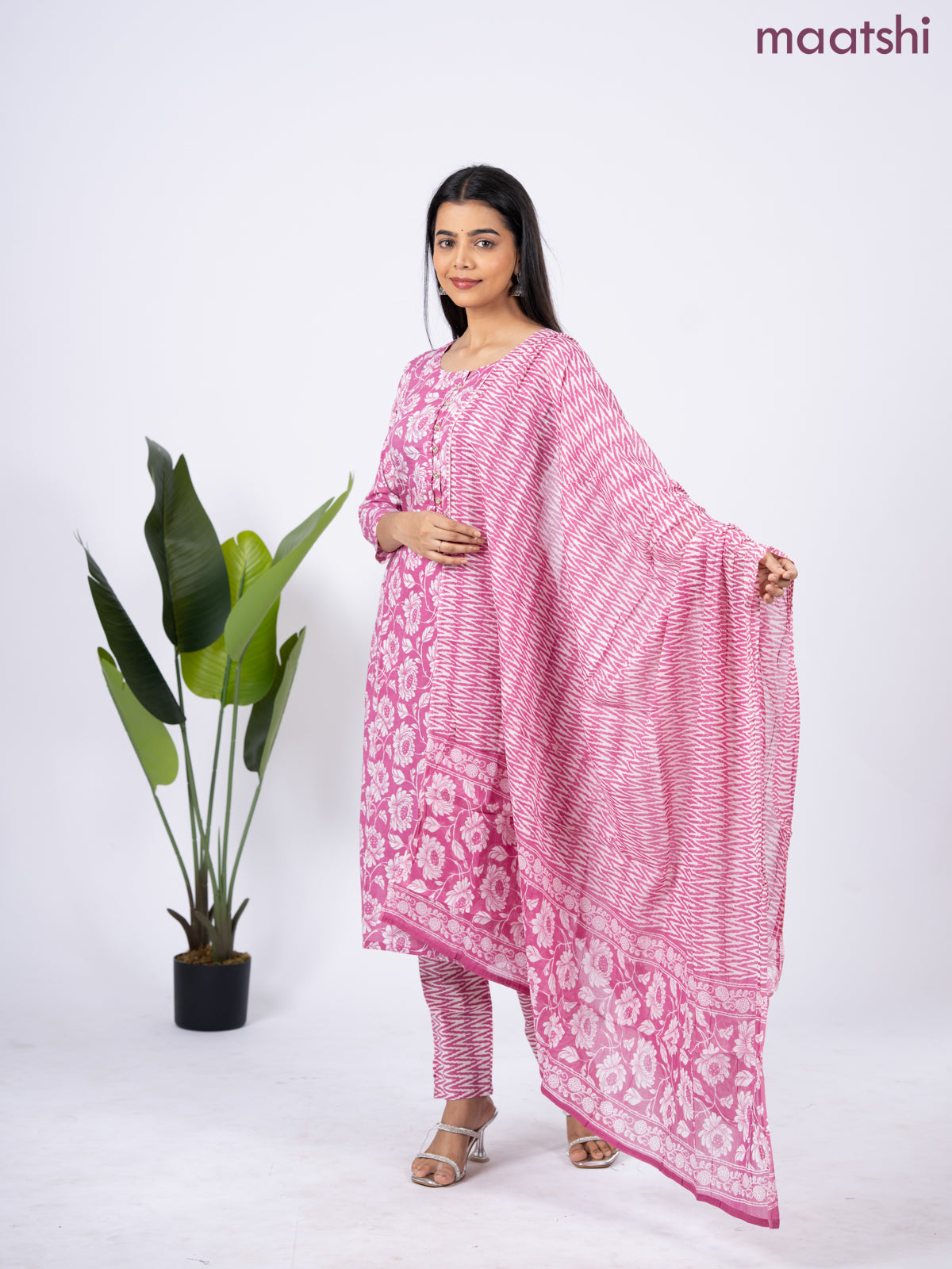 Semi cotton salwar suit mauve pink and off white with allover floral prints & simple neck pattern and straight cut pant & dupatta