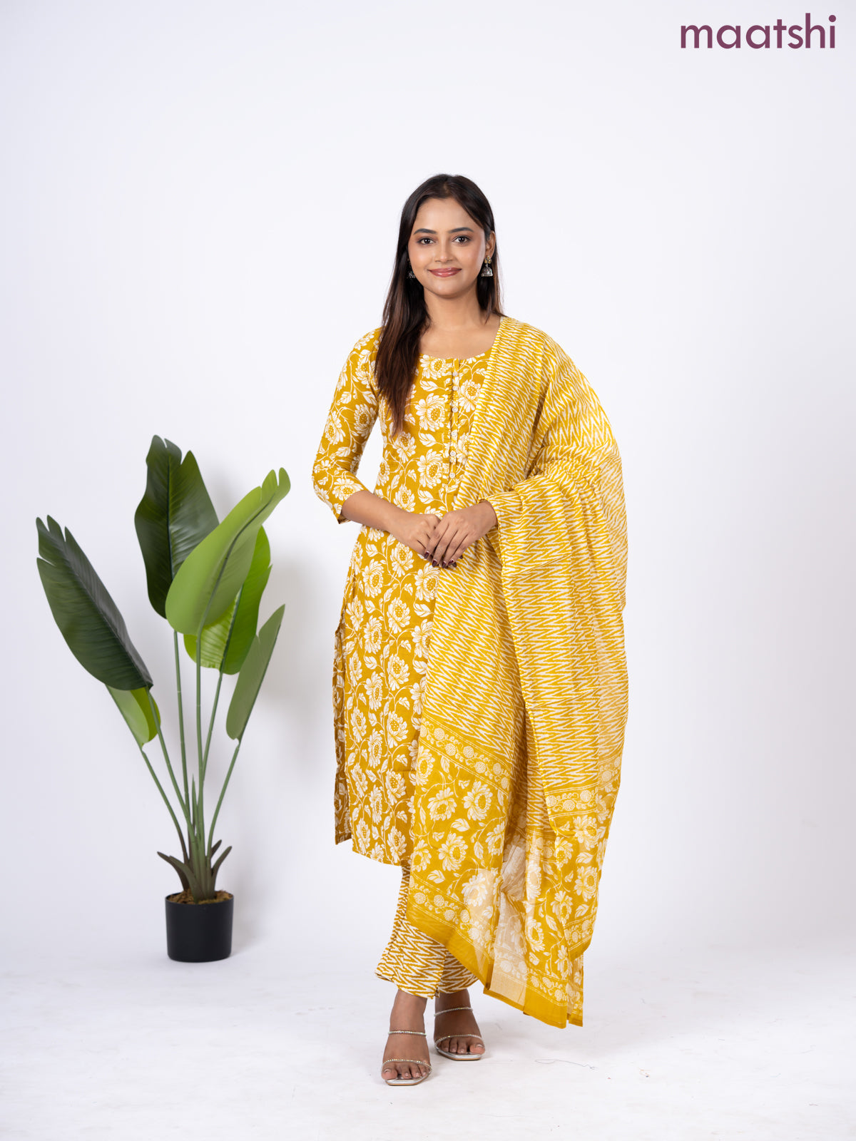 Semi cotton salwar suit mustard yellow and off white with allover floral prints & simple neck pattern and straight cut pant & dupatta