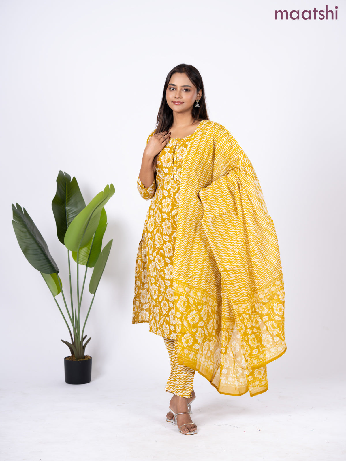 Semi cotton salwar suit mustard yellow and off white with allover floral prints & simple neck pattern and straight cut pant & dupatta