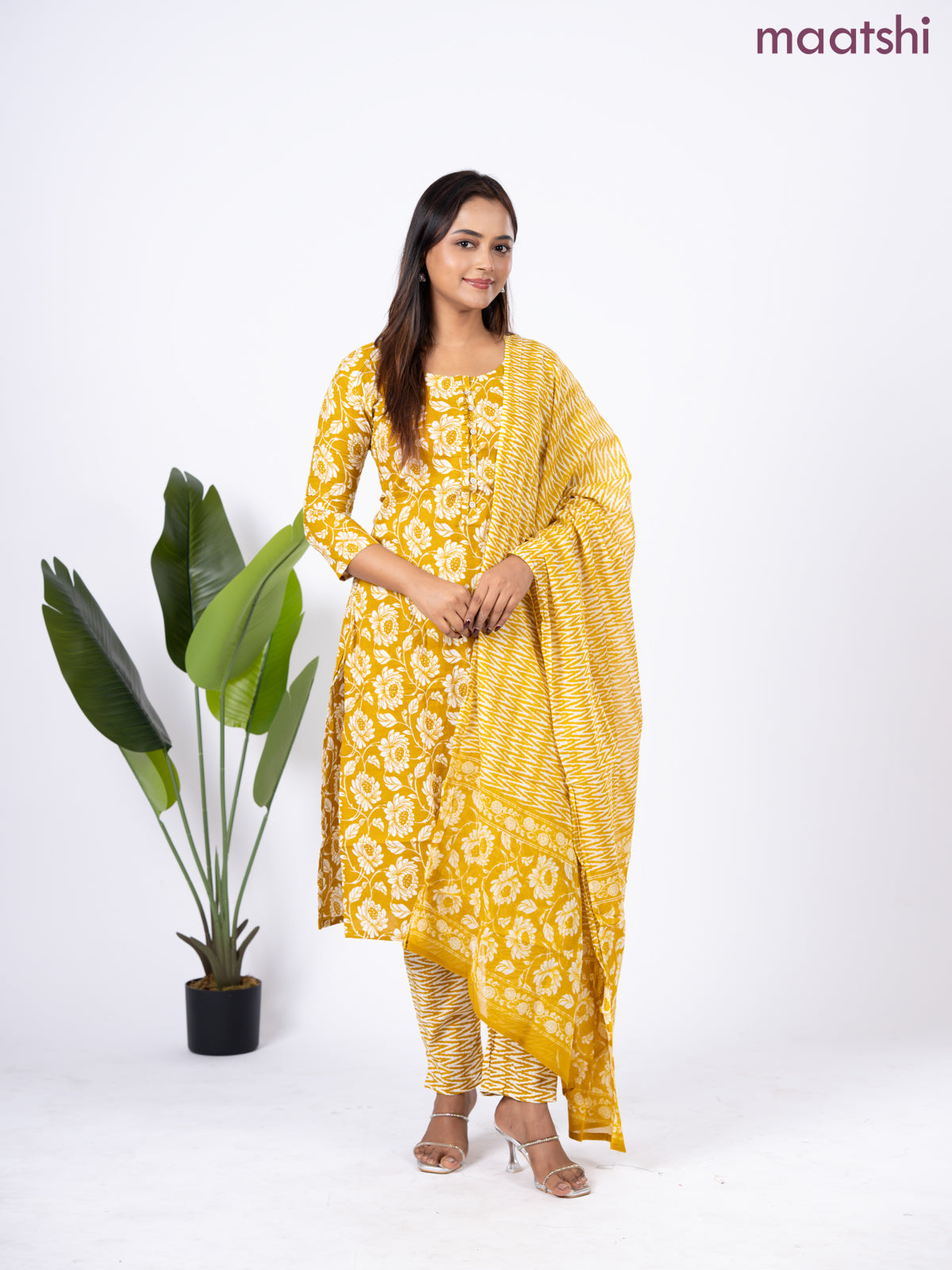 Semi cotton salwar suit mustard yellow and off white with allover floral prints & simple neck pattern and straight cut pant & dupatta