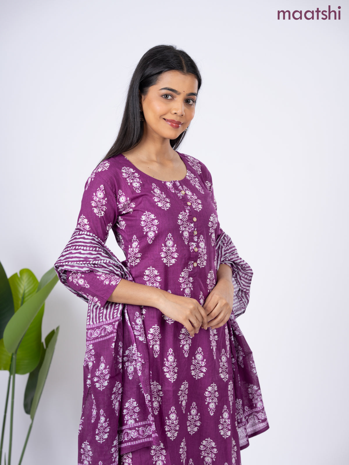 Semi cotton salwar suit purple and off white with allover butta prints & simple neck pattern and straight cut pant & dupatta