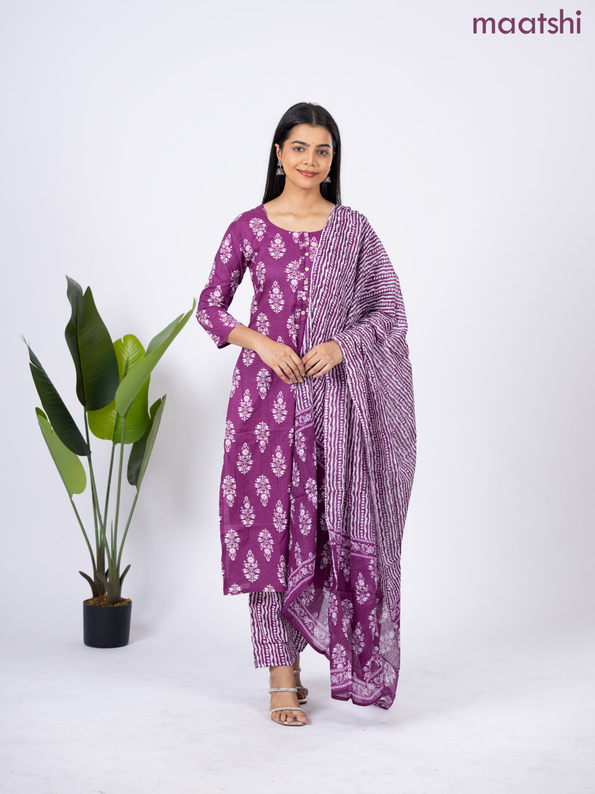 Semi cotton salwar suit purple and off white with allover butta prints & simple neck pattern and straight cut pant & dupatta