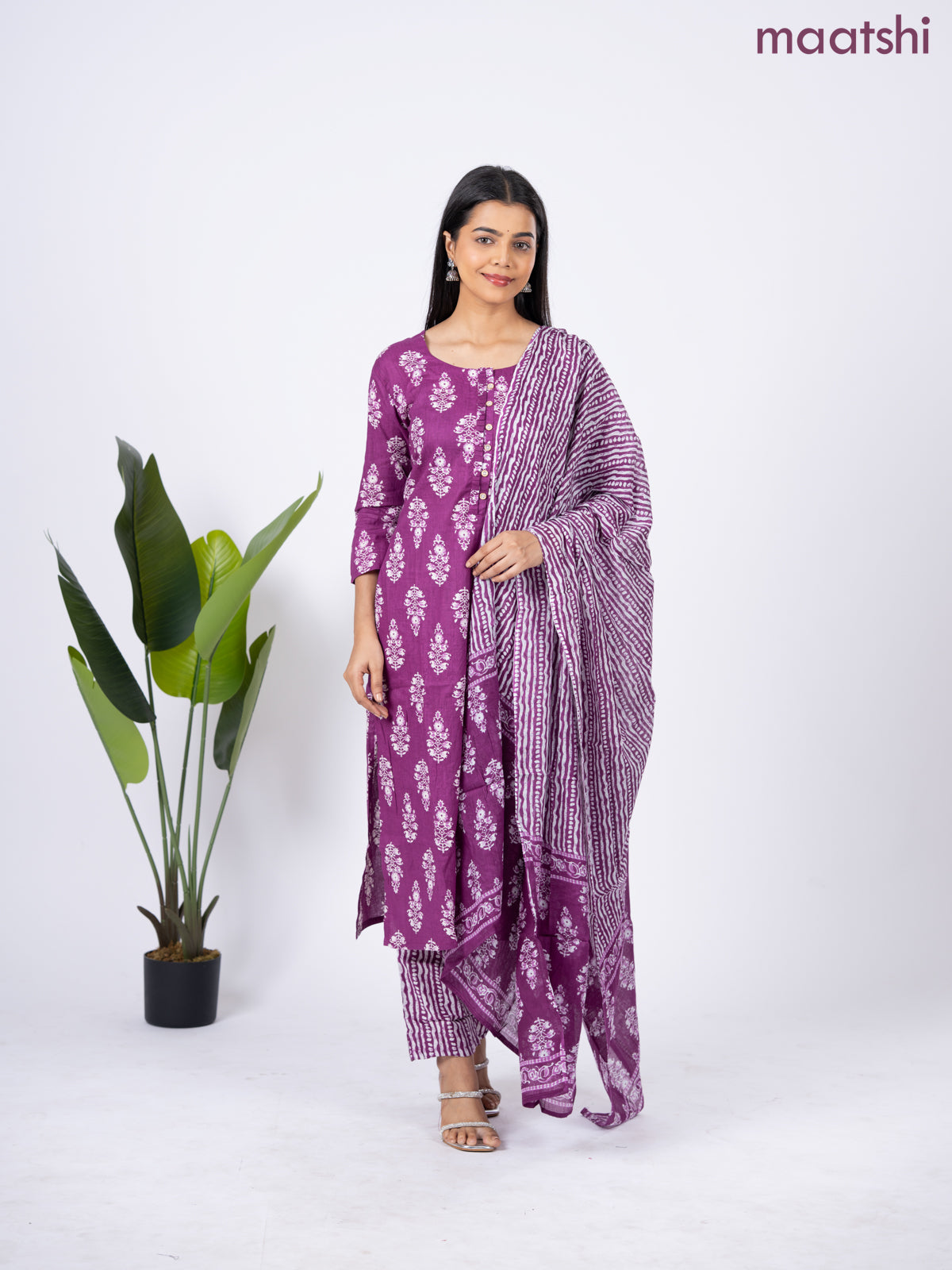 Semi cotton salwar suit purple and off white with allover butta prints & simple neck pattern and straight cut pant & dupatta