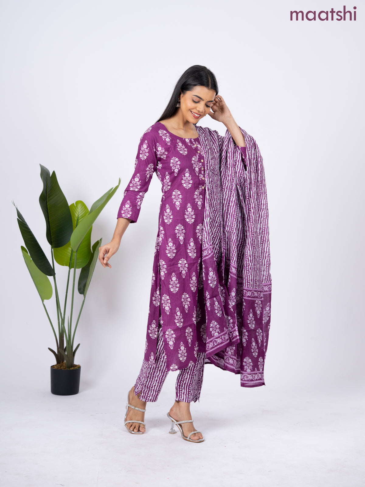 Semi cotton salwar suit purple and off white with allover butta prints & simple neck pattern and straight cut pant & dupatta